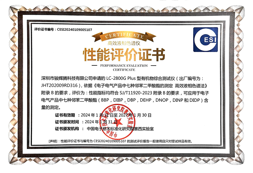 LC-2800G Plus Performance Evaluation Certificate